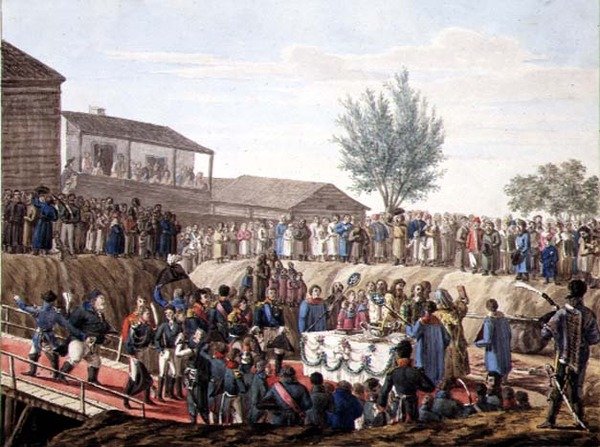 Het leggen van de eerste steen van het douanehuis in Mohiloff in 1820 door School Russian