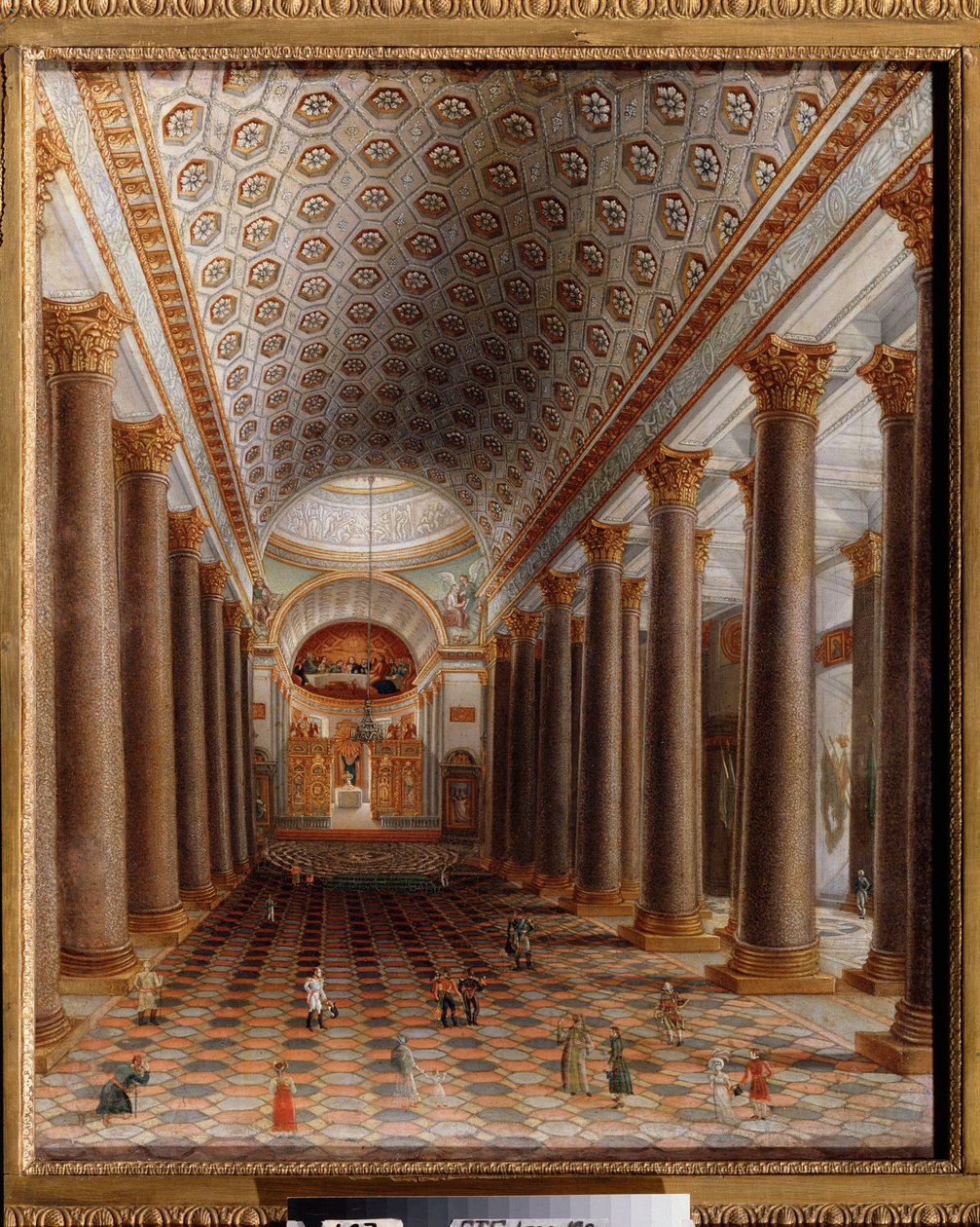 Zicht op het interieur van de Kazankathedraal in Sint-Petersburg. Schilderij van een Russische meester, olie op doek, begin 19e eeuw. Russische kunst. State Tretyakov Gallery, Moskou. door School Russian