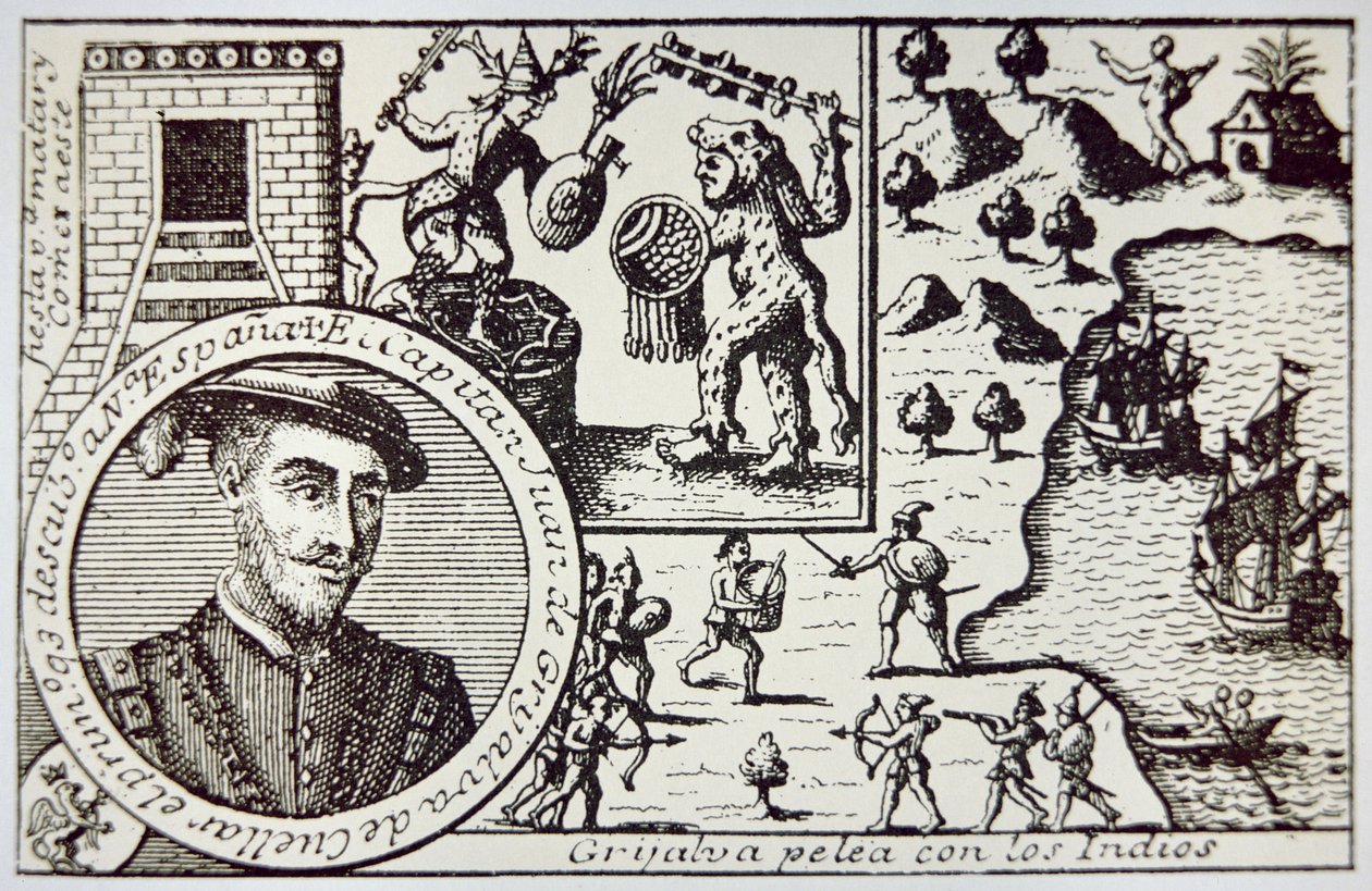 Spanjaarden onder Juan de Grijalva landen in Yucatan en vechten tegen Maya krijgers in de Slag bij Champoton, mei 1518 door School Spanish