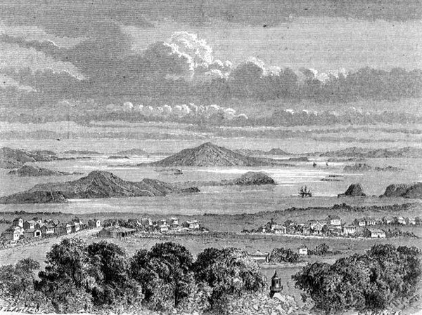 Uitzicht op de Haven van Auckland, illustratie uit 