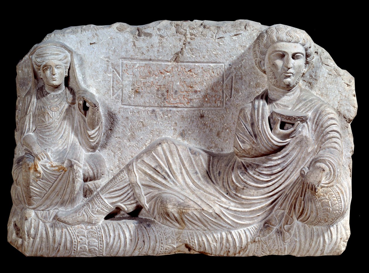 Begrafenisreliëf in kalksteen van Taime en zijn vrouw. uit Palmyra. 200 AD. Parijs, Louvre Museum door School Syrian