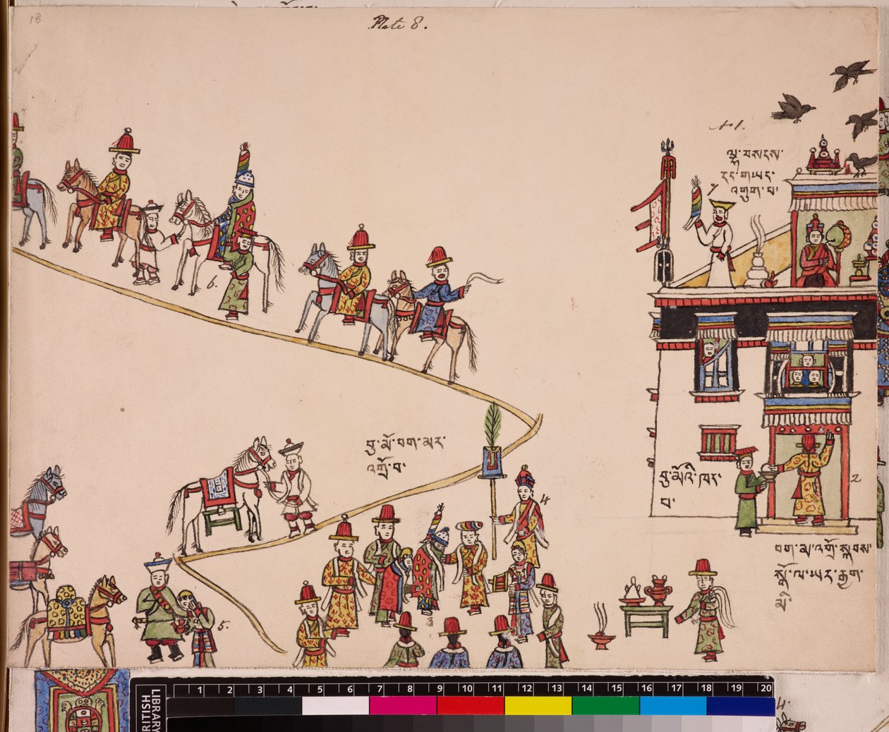 Illustratie van een deel van een huwelijksceremonie: de bruid wordt bij haar huis opgehaald, ca. 1844 - 62 (pigmenten op papier) door School Tibetan
