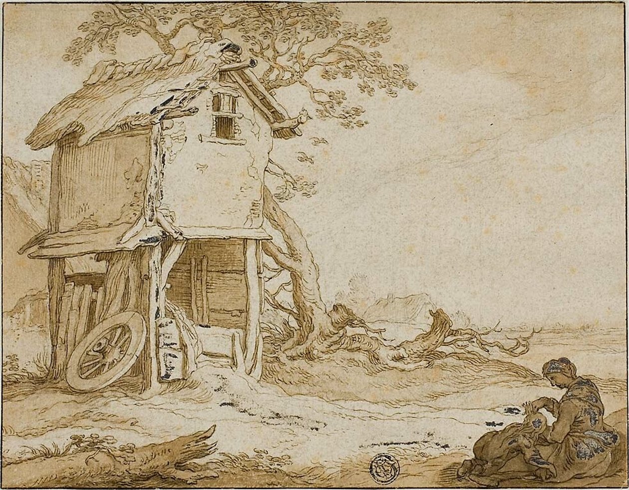 Landschap met Barnstable, zittende vrouw en kind door School of Abraham Bloemaert
