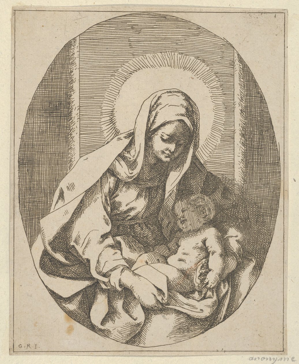 De Maagd met het Christuskind op haar schoot, een ovale compositie, naar Reni, 1620-50 door School of Guido Reni