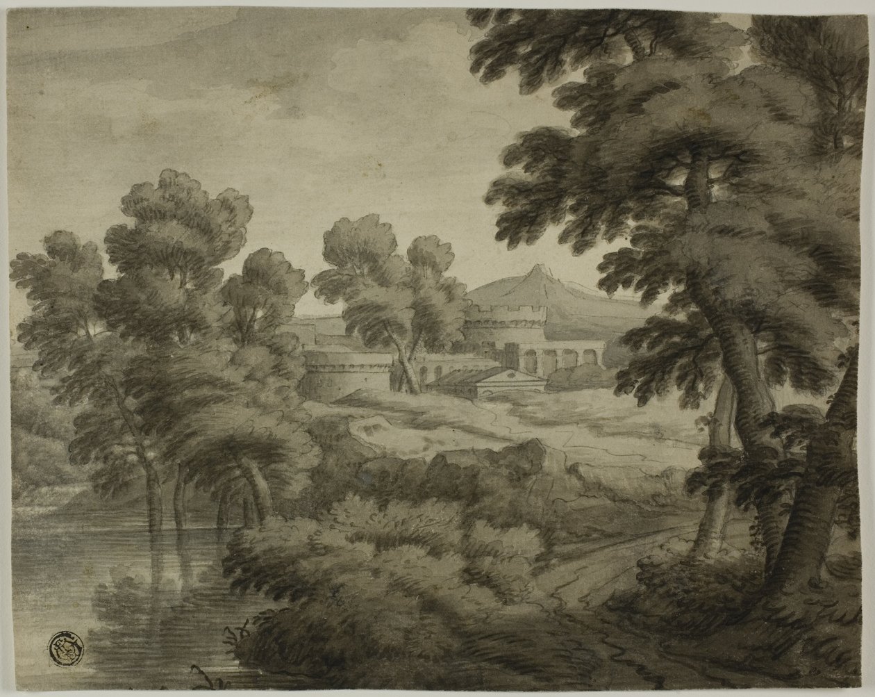 Italianiserend landschap met kasteel, bomen en water op de voorgrond door School of Nicolas Poussin