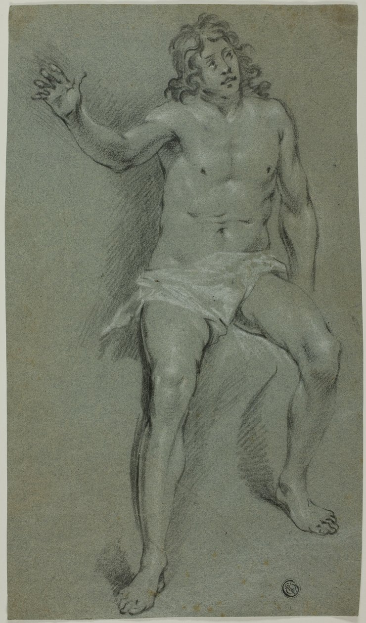 Zittend mannelijk naakt (recto); schetsen van hand en jongenskop (verso) door School of Rembrandt van Rijn
