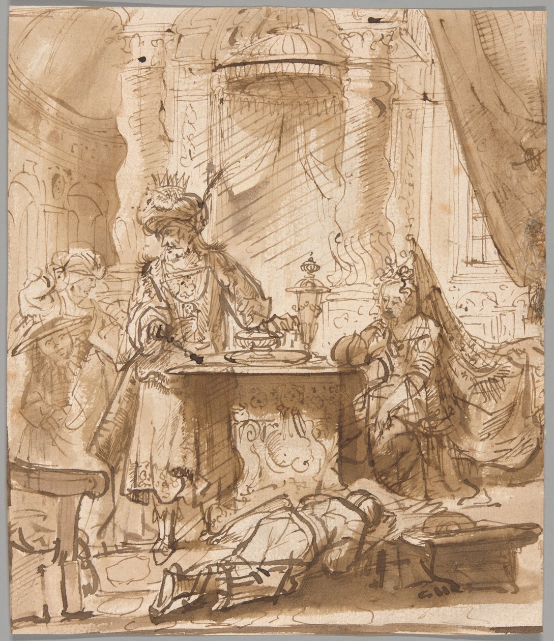 De vernedering van Haman voor Ahasveros en Esther door School of Rembrandt van Rijn