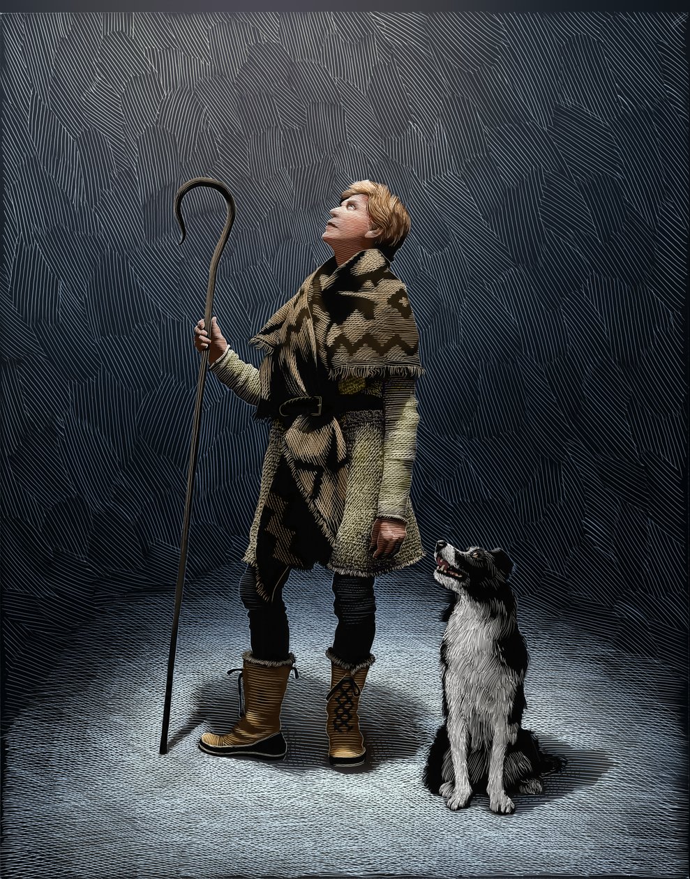 Herder met een Border Collie 2018 (scratchboard, digitaal ingekleurd) door Scott McKowen