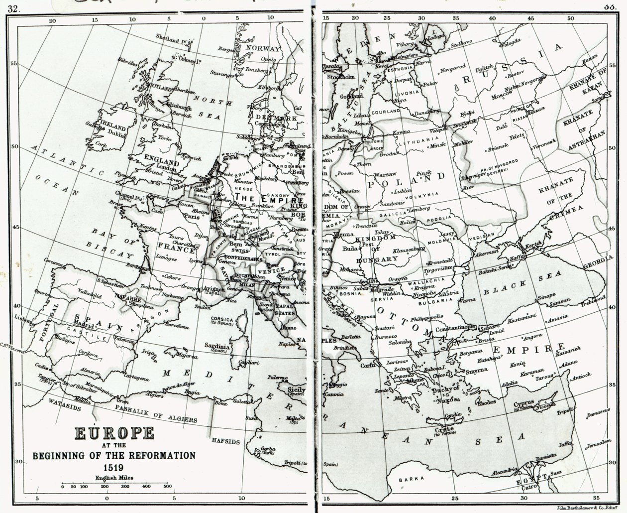 Europa in 1519, aan het begin van de Reformatie, uitgegeven door John Bartholomew and Co., Edinburgh door Scottish School