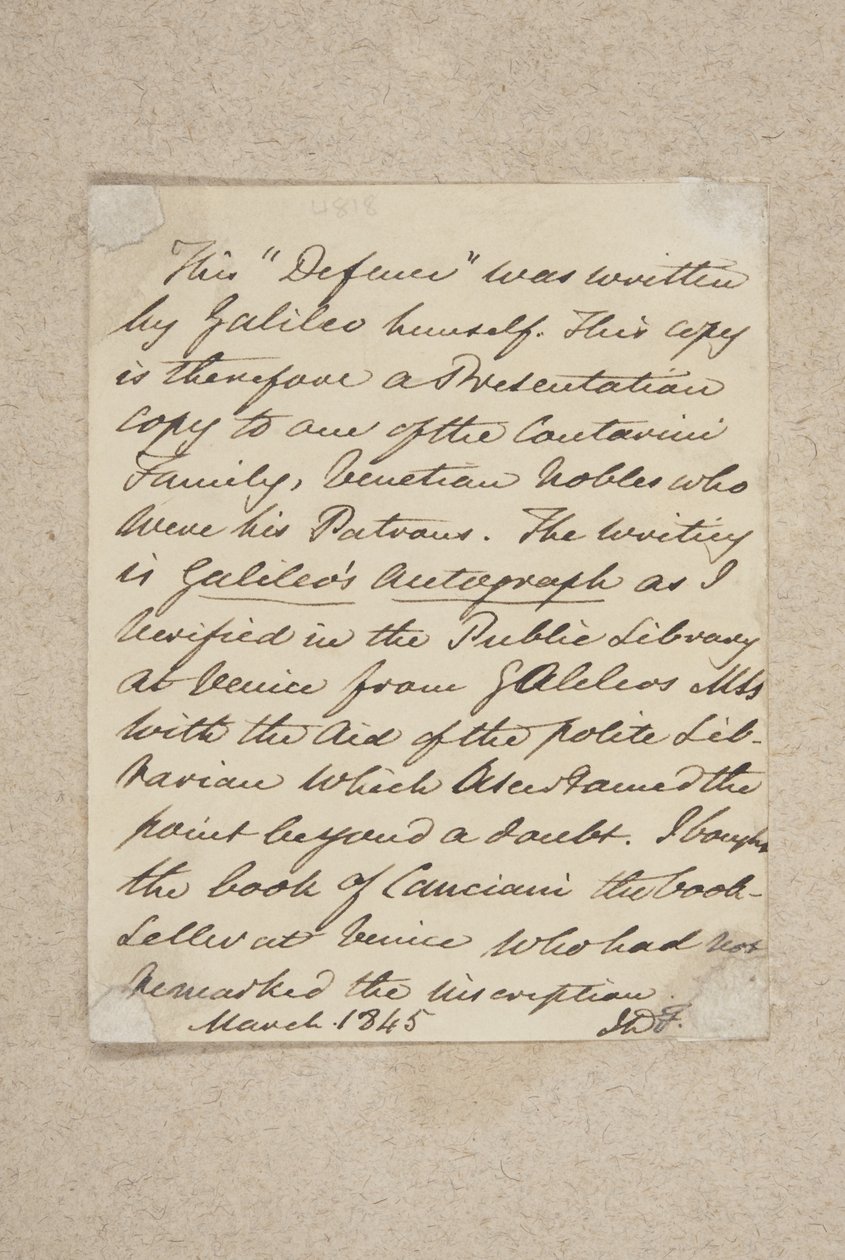 Notitie geplakt op het voorbord van Difesa, door Galileo, 1845 door Scottish School