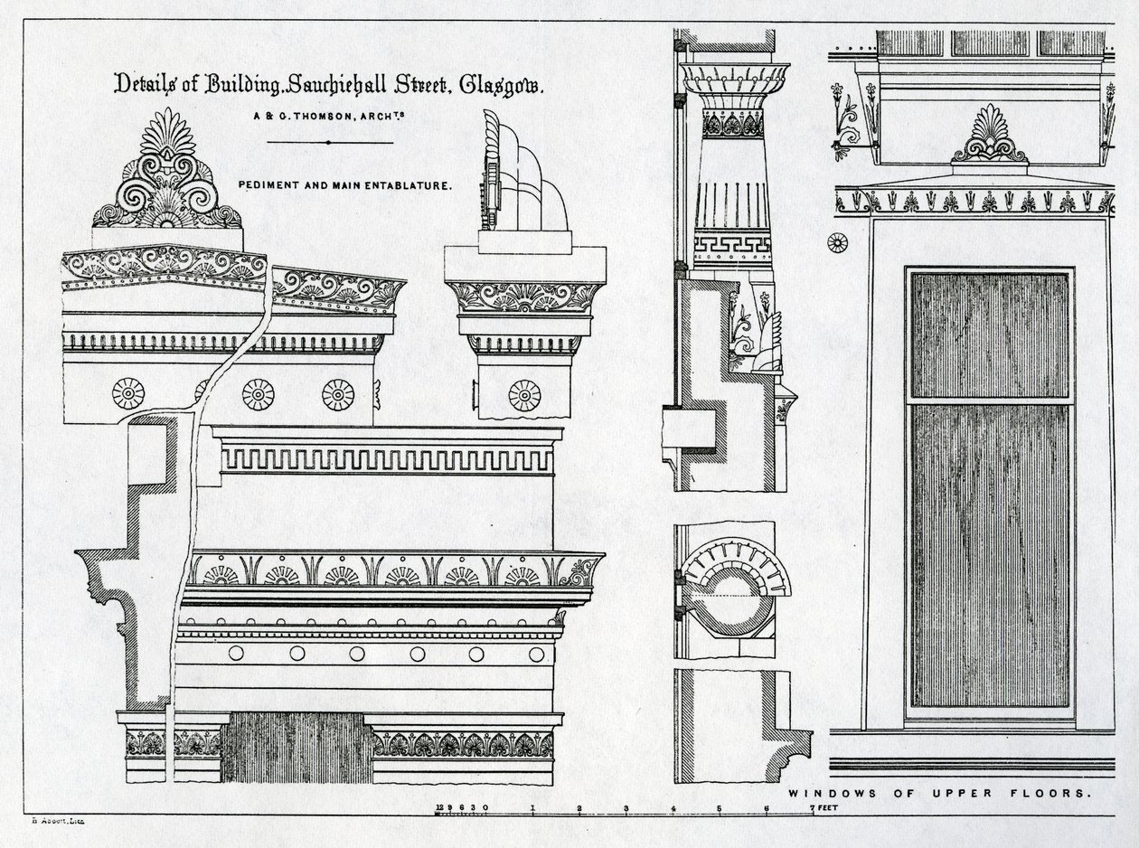 Architectonische details van Griekse kamers, 336-356 Sauchiehall Street, Glasgow, ontworpen door Alexander Greek Thomson, 1869 door Scottish School