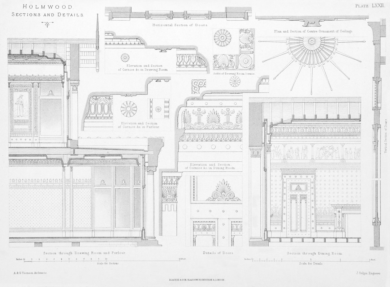 Interieur decoratieve details van Holmwood, Glasgow (gravure) door Scottish School