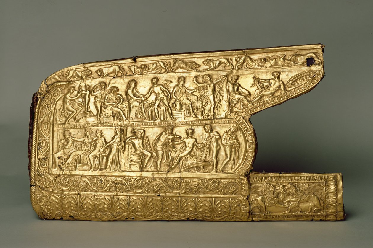 Koker voor boog en pijlen, uit de Chertomlyk grafheuvel, Steppe, 4e eeuw v.Chr. (goud) door Scythian