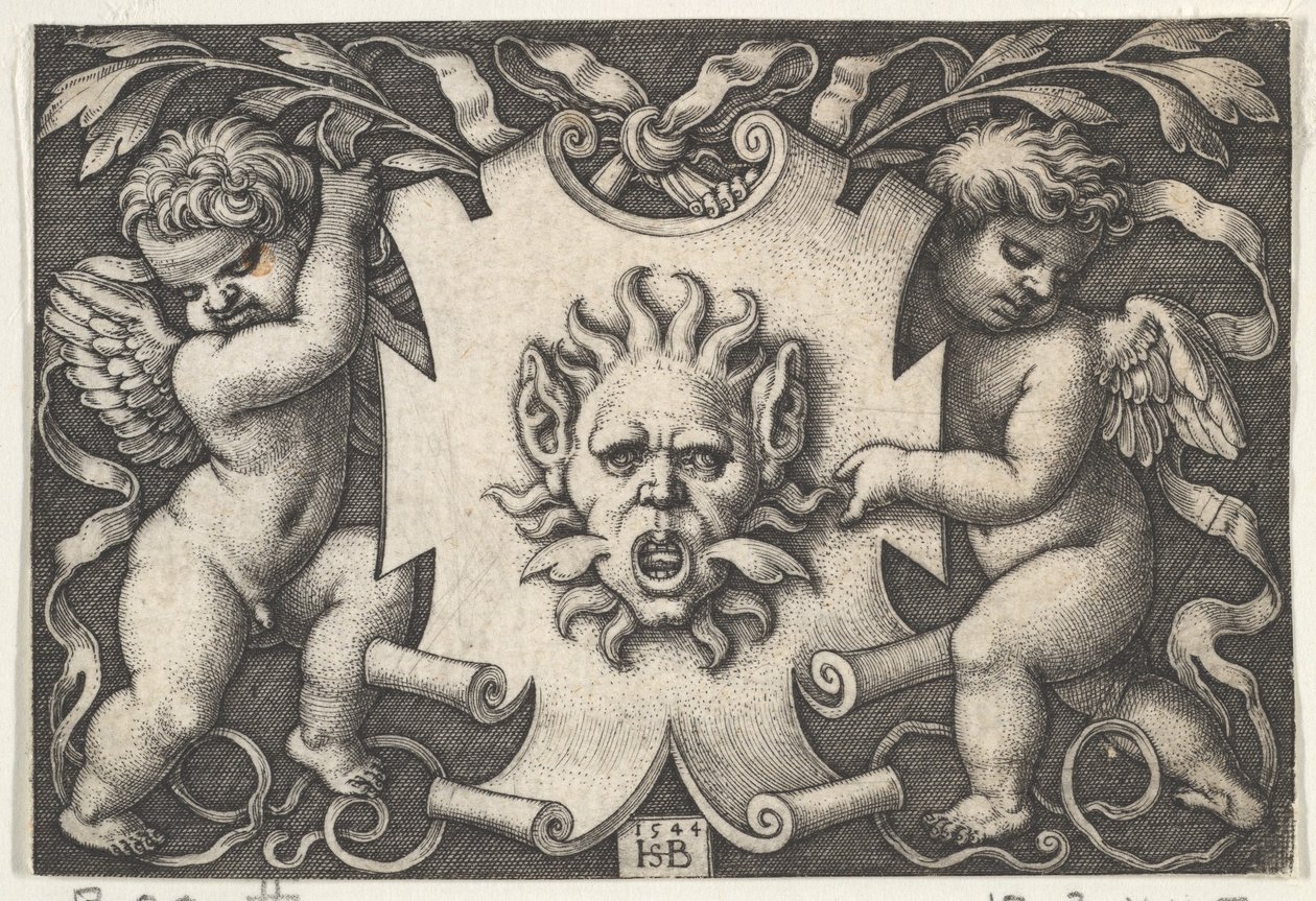 Een Masker op een Wapenschild Ondersteund door Twee Genii, 1544 door Sebald Beham