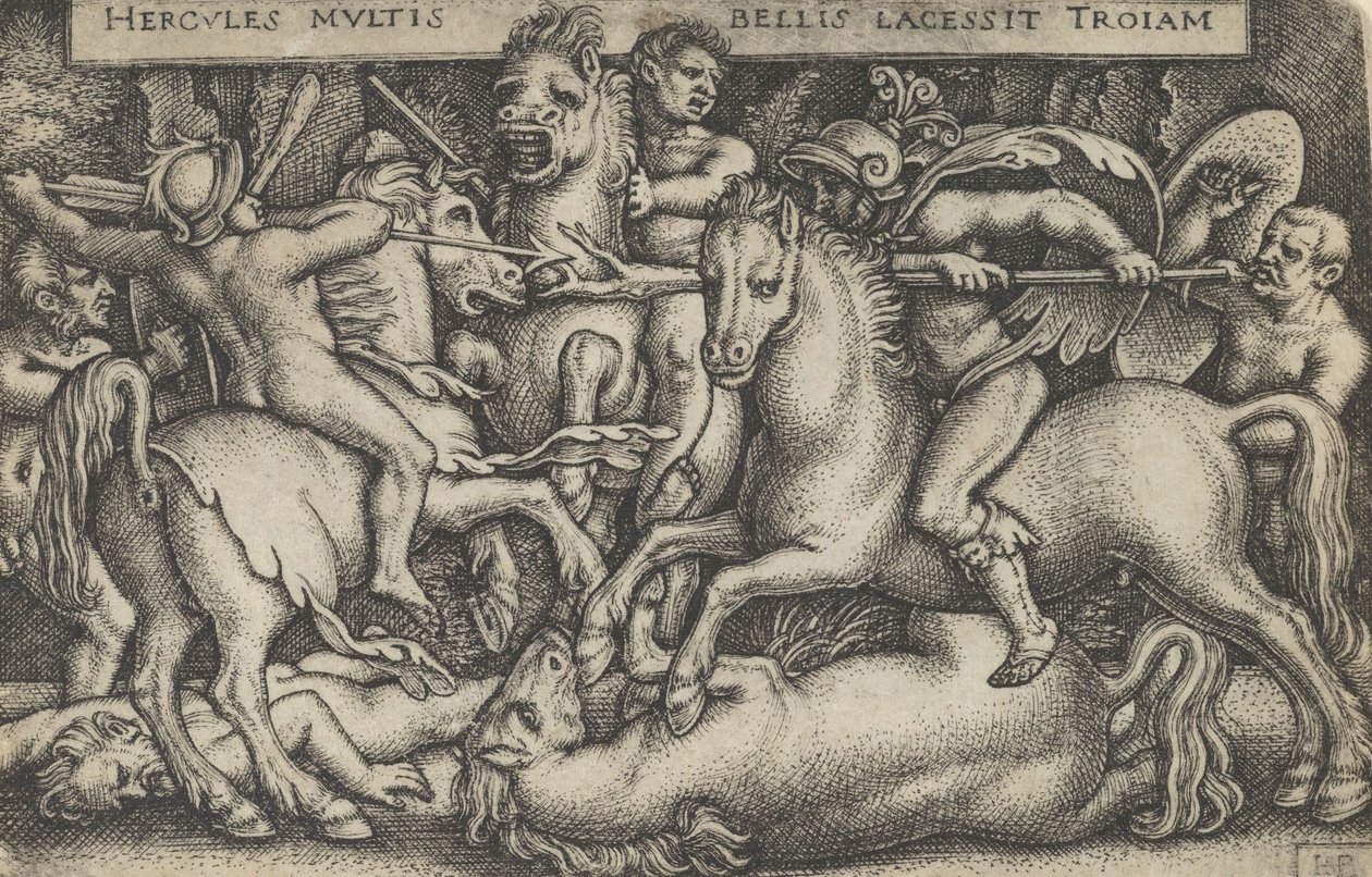 Hercules vecht tegen de Trojanen, uit De Werken van Hercules, 1545 door Sebald Beham