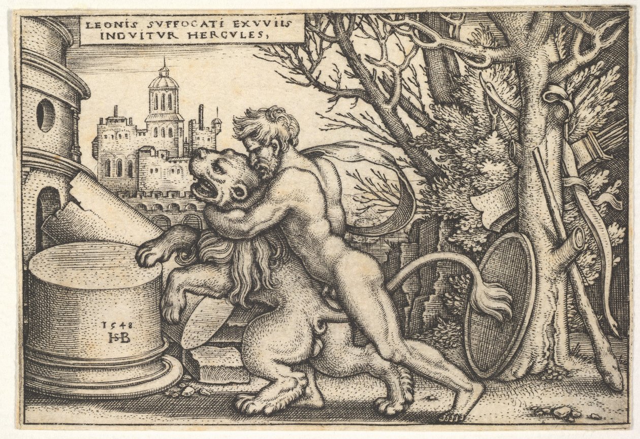 Hercules, in profiel, doodt de Nemeïsche leeuw met zijn arm om zijn nek, uit 