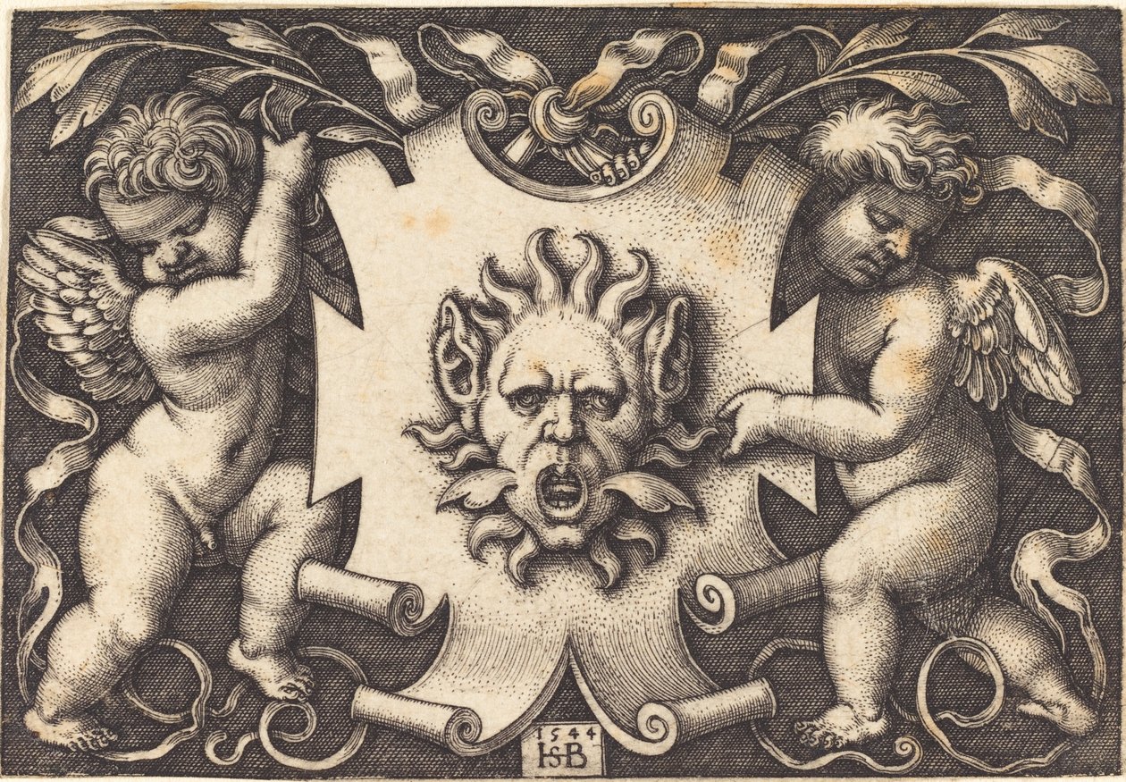 Masker vastgehouden door twee genii door Sebald Beham