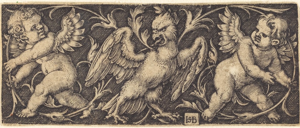 Ornament met adelaar en twee genii door Sebald Beham
