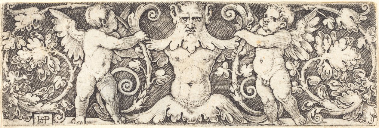 Ornament met mannelijke halve figuur tussen twee genii door Sebald Beham