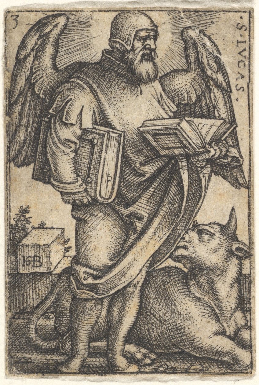 Sint Lucas met zijn hoofd in profiel naar rechts gedraaid, een boek in elke hand door Sebald Beham