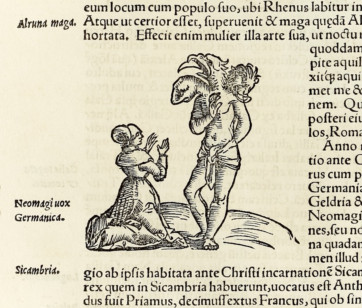 Een heks roept een driehoofdige demon op, uit de editie van 1550 van 