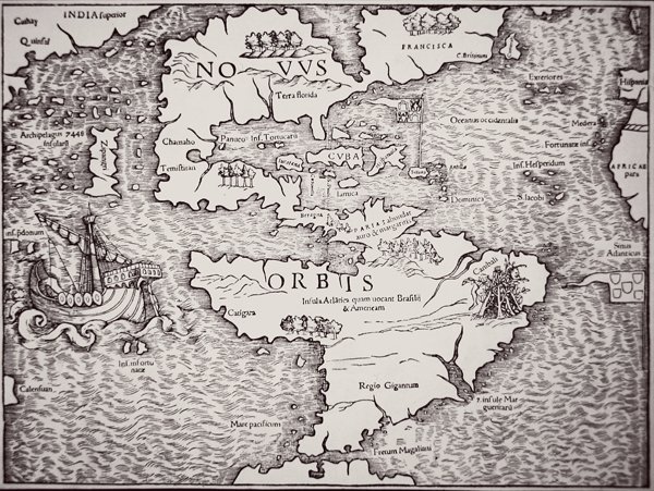 Kaart van Amerika met de Atlantische en Stille Oceaan door Sebastian Munster