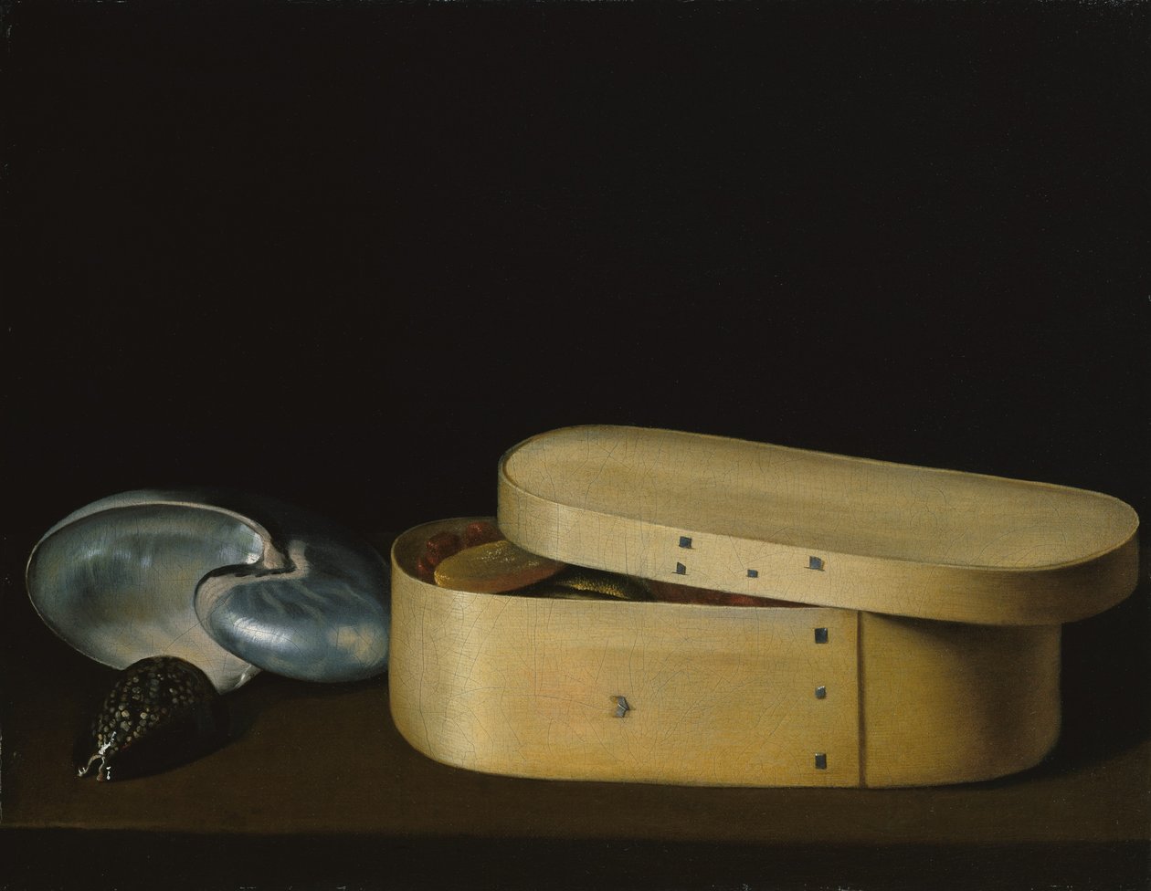 Stilleven met schelpen en een houten doos, late jaren 1620 door Sebastian Stoskopff