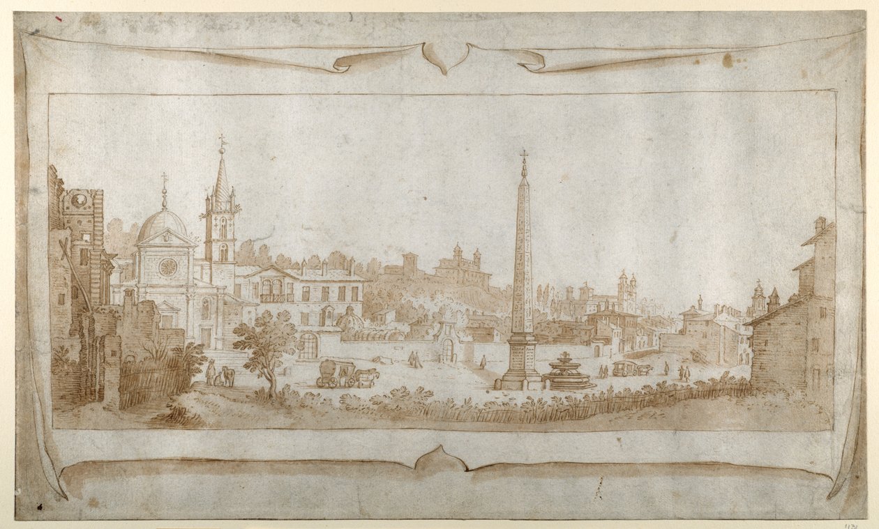 Ontwerp voor een frontispice met een uitzicht op Rome binnen de Porta del Popolo en een uitzicht op de Pincio door Sebastian Vrancx