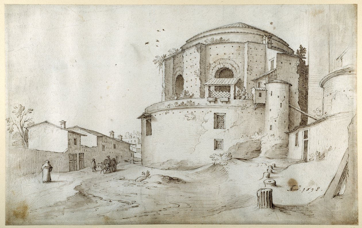 S. Maria della Febbre, met de Funeraria Kapel van Sixtus IV en de muur van Oud Sint-Pieter, Rome, rechts door Sebastian Vrancx