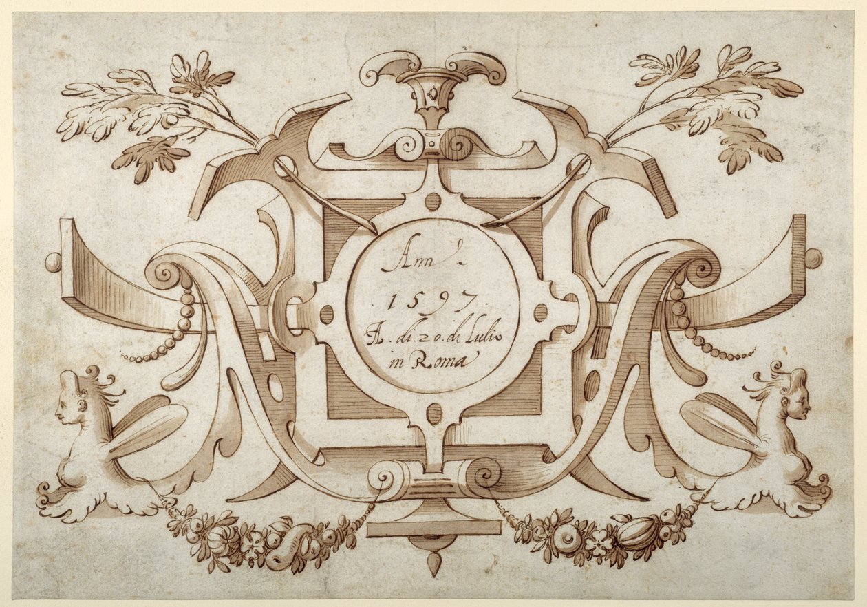 Bandwerk cartouche geassocieerd met de set van zijn Romeinse Zichten door Sebastian Vrancx