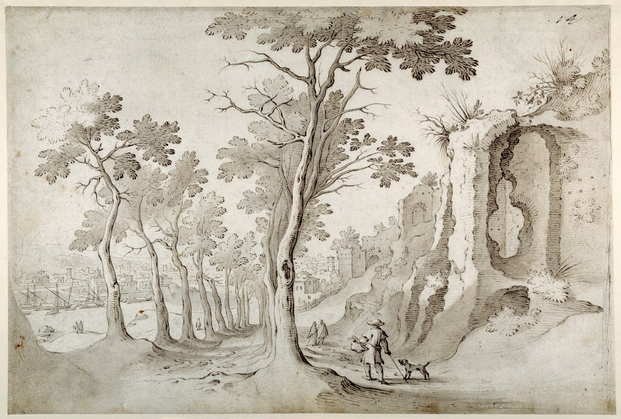 Uitzicht op de Porta Ripa vanaf een laan van bomen tussen ruïnes op de Aventijn met uitzicht op S. Maria dell
