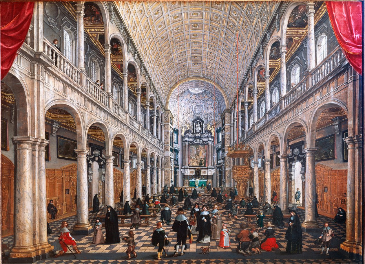 Uitzicht op het interieur van de kerk van de jezuïeten in Antwerpen door Sebastian Vrancx