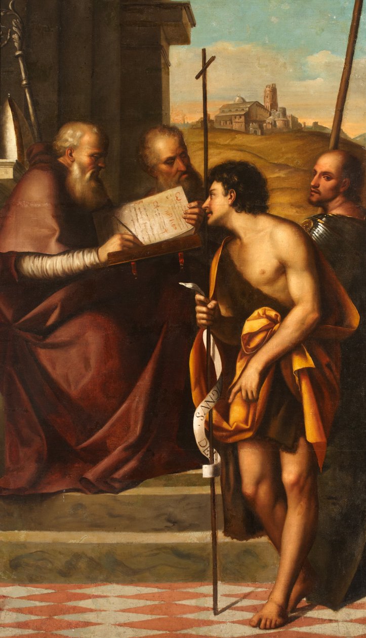 St. Johannes de Doper, St. Johannes Chrysostomus, St. Johannes de Evangelist en St. Theodorus door Sebastiano del Piombo