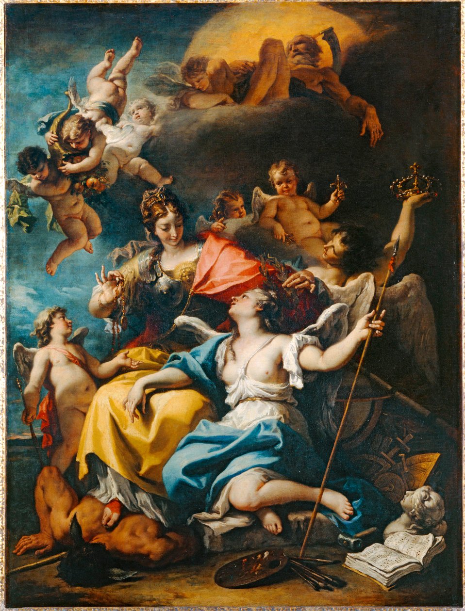 Allegorie van Frankrijk onder de figuur van Minerva die Onwetendheid vertrapt en Deugd kroont ... door Sebastiano (attr. to) Ricci