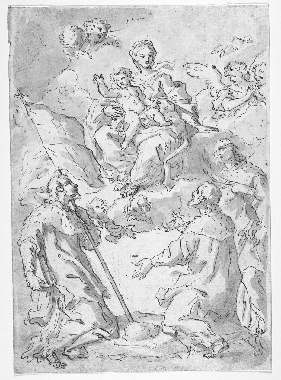 Deens: Drie mannelijke heiligen met Madonna en Kind in de wolken, omringd door engelen door Sebastiano Conca