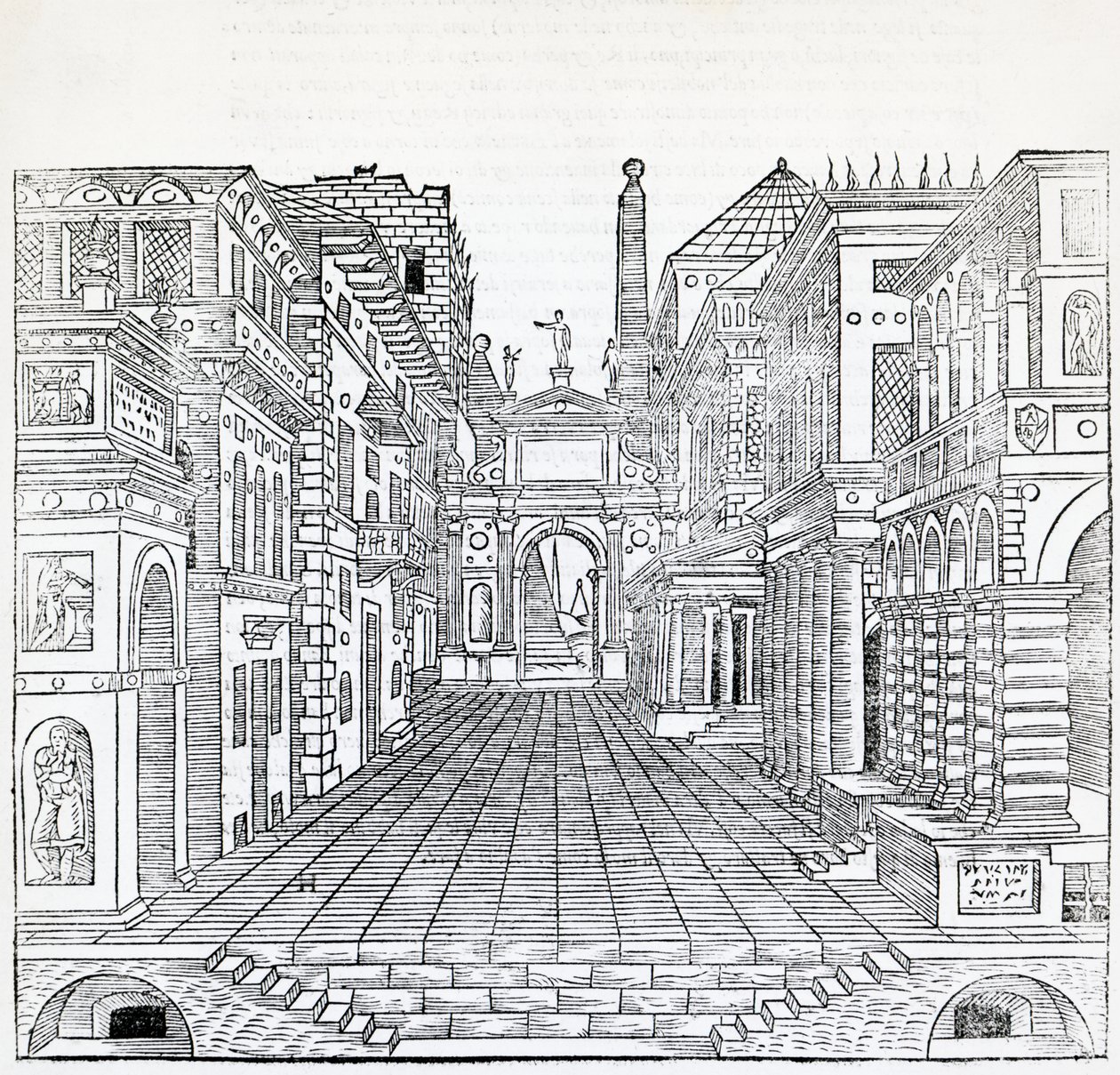 Magische scène, theatraal scèneontwerp door Sebastiano Serlio, illustratie uit 