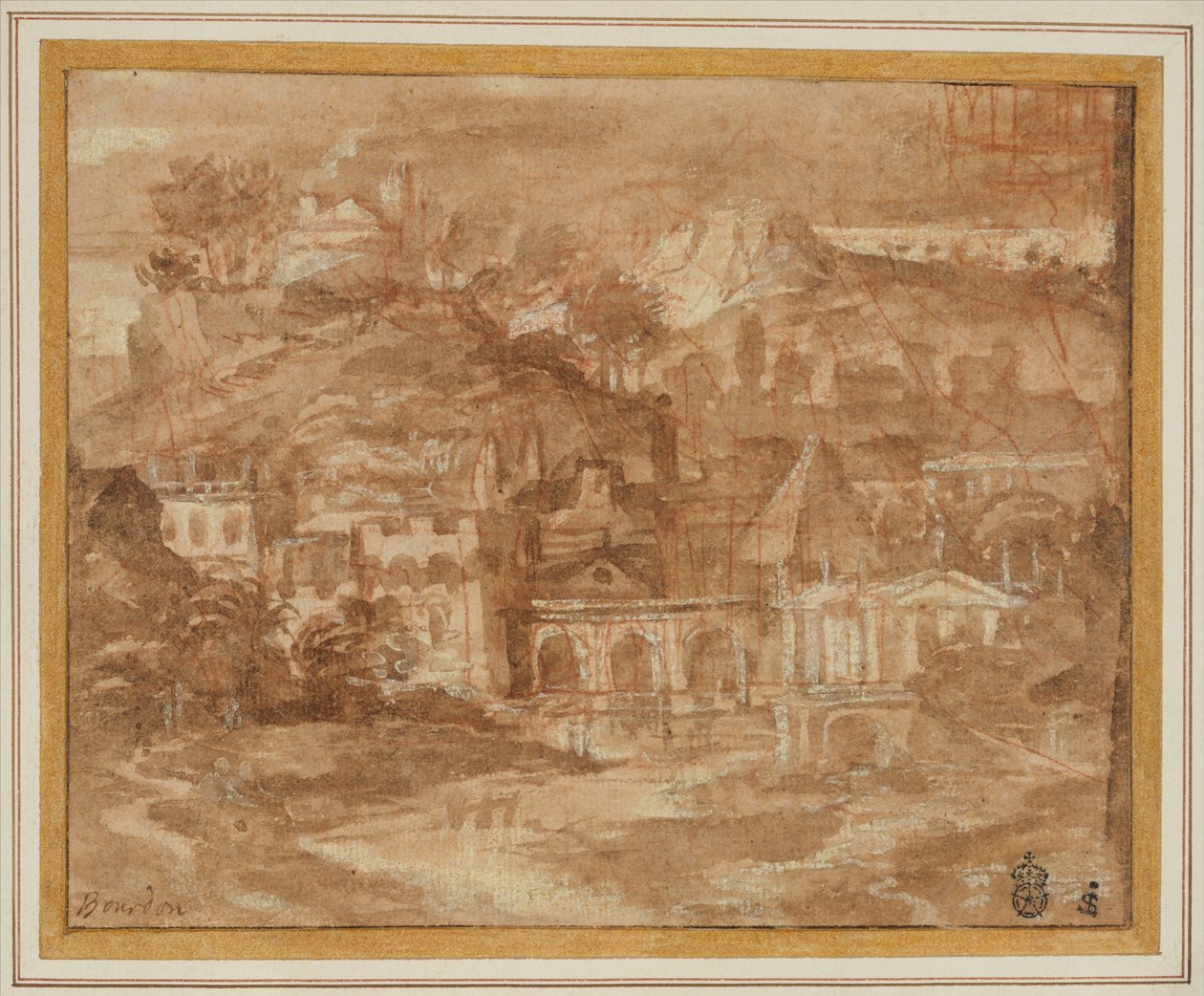 Een klassiek landschap met gebouwen bij een rivier door Sébastien Bourdon