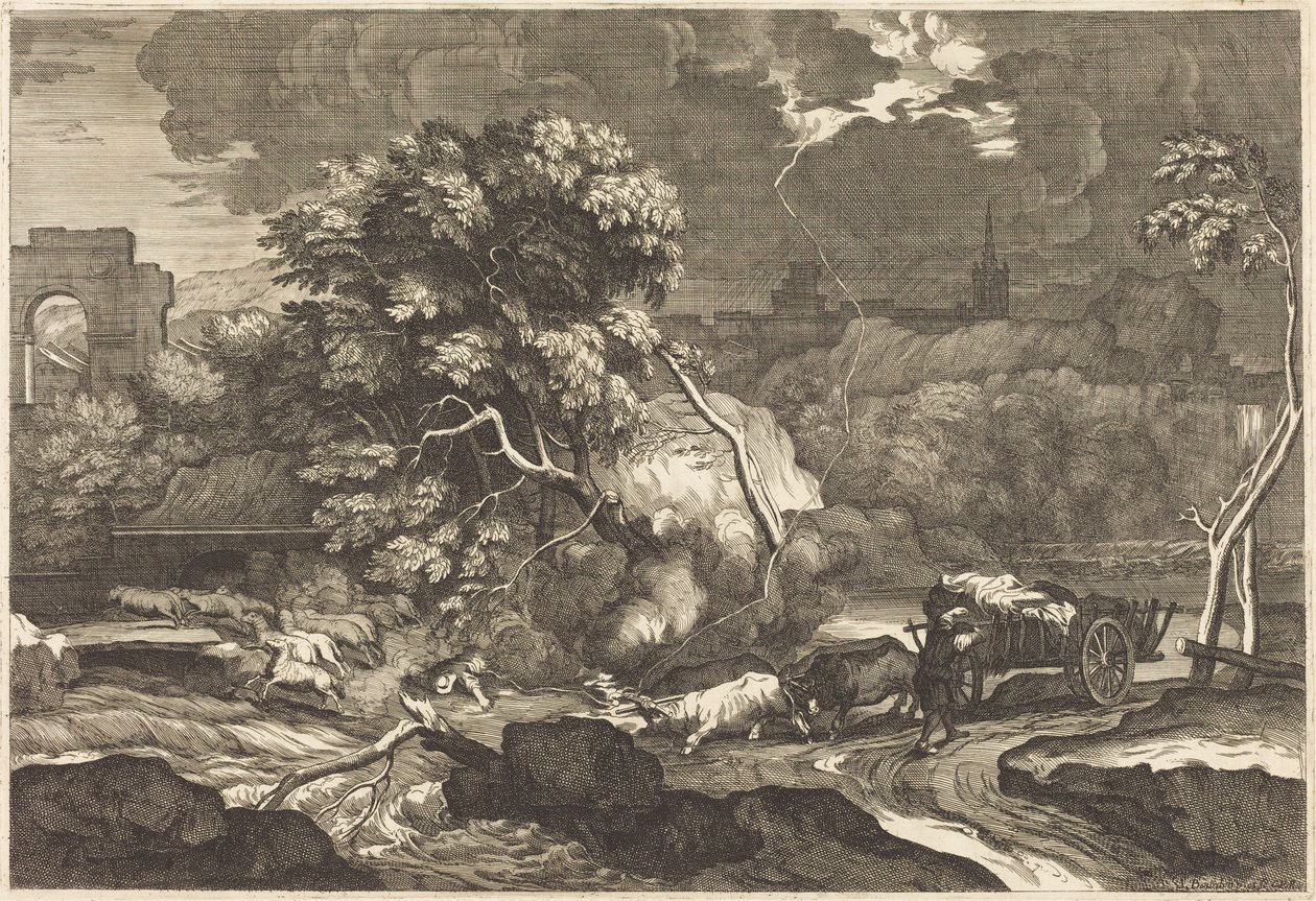 Landschap met een verschrikte voerman door Sébastien Bourdon