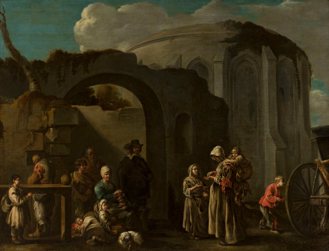 Een familie bedelaars tussen de ruïnes door Sébastien Bourdon