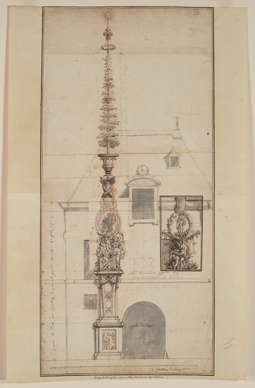 Projet de Mai des Gobelins permanent (recto) (zwart krijt, rood krijt, pen en zwarte en bruine inkt, grijs gewassen, op twee samengevoegde vellen) door Sebastien I Le Clerc