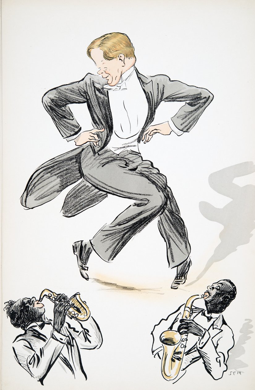 Heer in rokkostuum en witte stropdas danst op twee muzikanten die saxofoon spelen, uit White Bottoms, uitgegeven 1927 door Sem