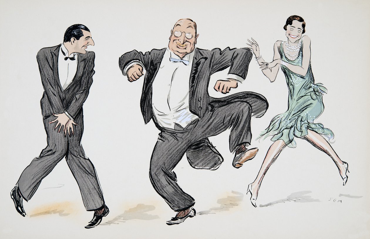 Een heer in zwarte stropdas, een andere heer in witte stropdas en rokkostuum, en een vrouw in een lichtgroene flapperjurk en parels dansen de Charleston, uit White Bottoms, uitgegeven 1927 door Sem