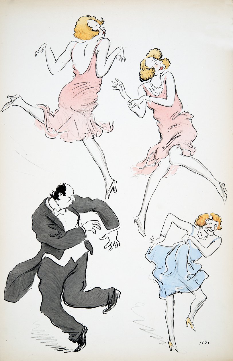 Drie illustraties van travestieten in blauwe en roze jurken die dansen met een grotere heer in witte stropdas en rokkostuum, uit White Bottoms, uitgegeven 1927 door Sem