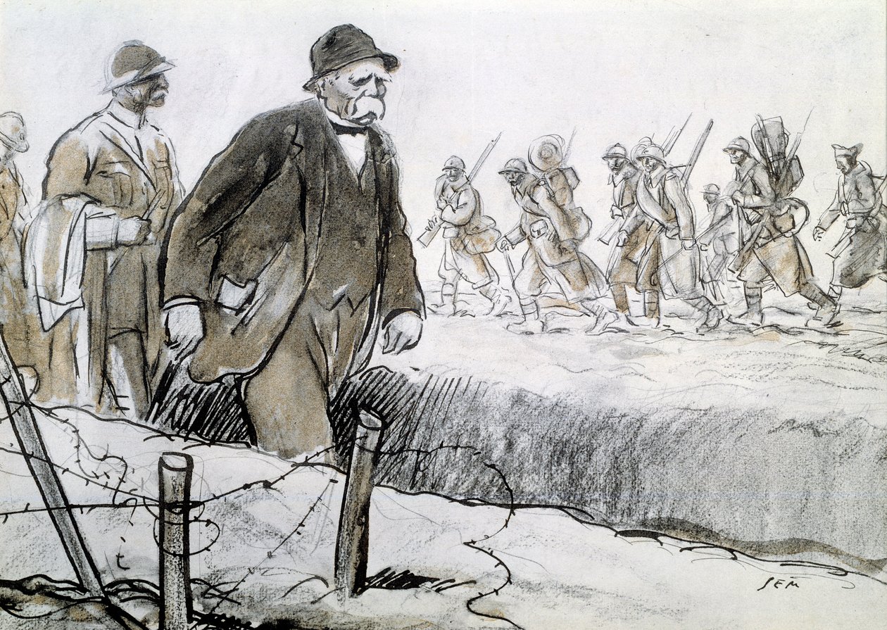 Eerste Wereldoorlog: Portret van Clemenceau (1841-1929) in een kist die het front bezoekt. Tekening door Georges Goursat, bekend als Sem (1863-1934) door Sem