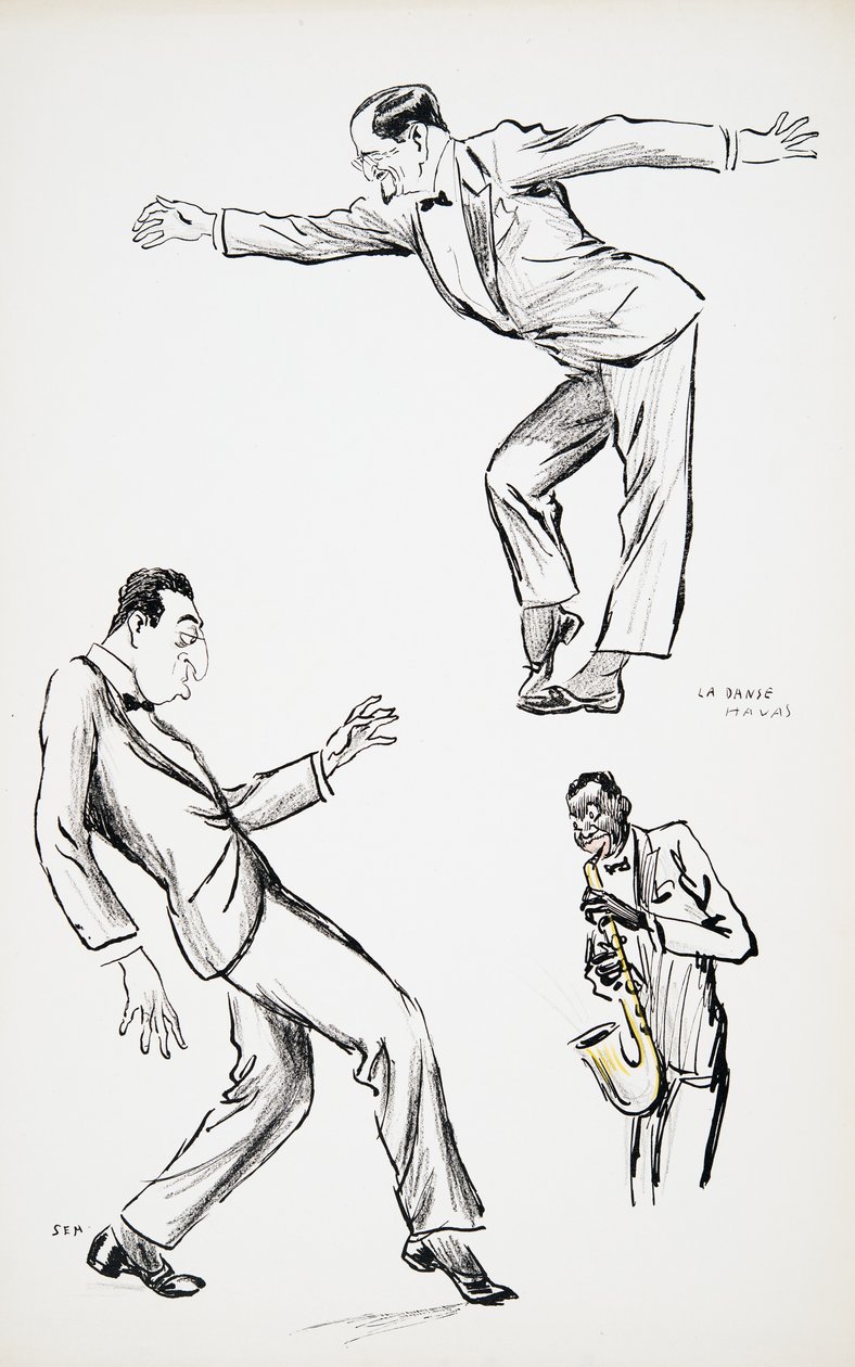 Twee heren in zwarte stropdas voeren La Danse Havas uit op de saxofoon, uit White Bottoms, uitgegeven 1927 door Sem