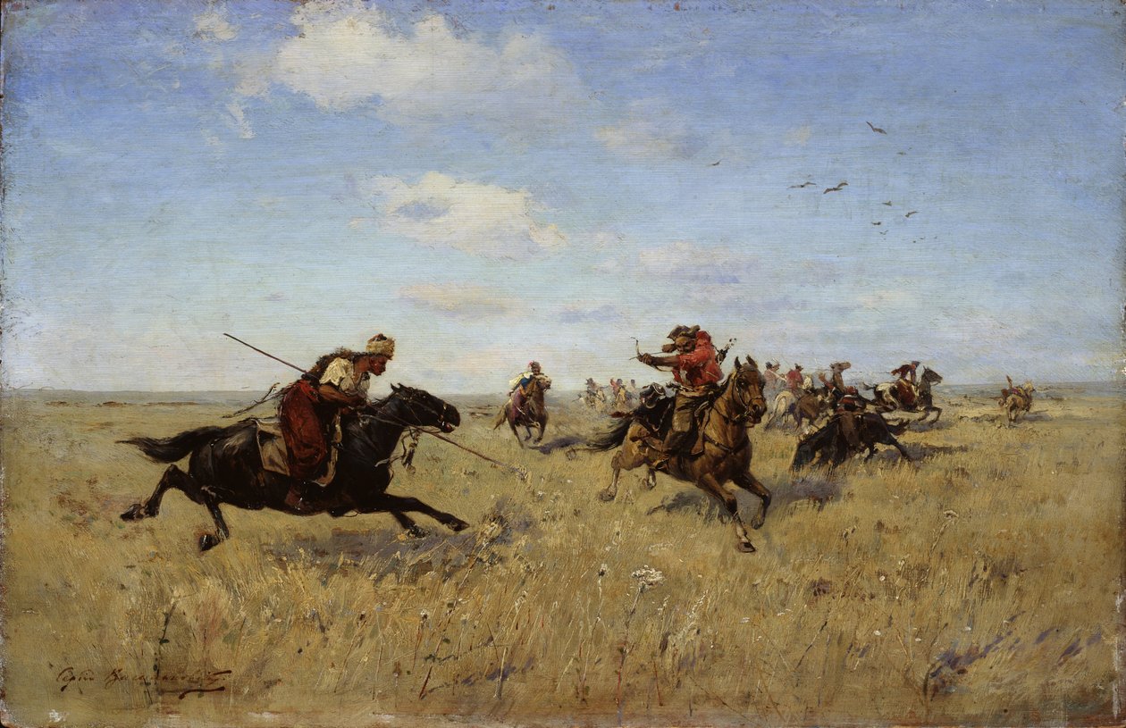 Gevecht tussen Dnjepr-Kozakken en Tataren, 1892 door Sergei Ivanovich Vasilkovsky