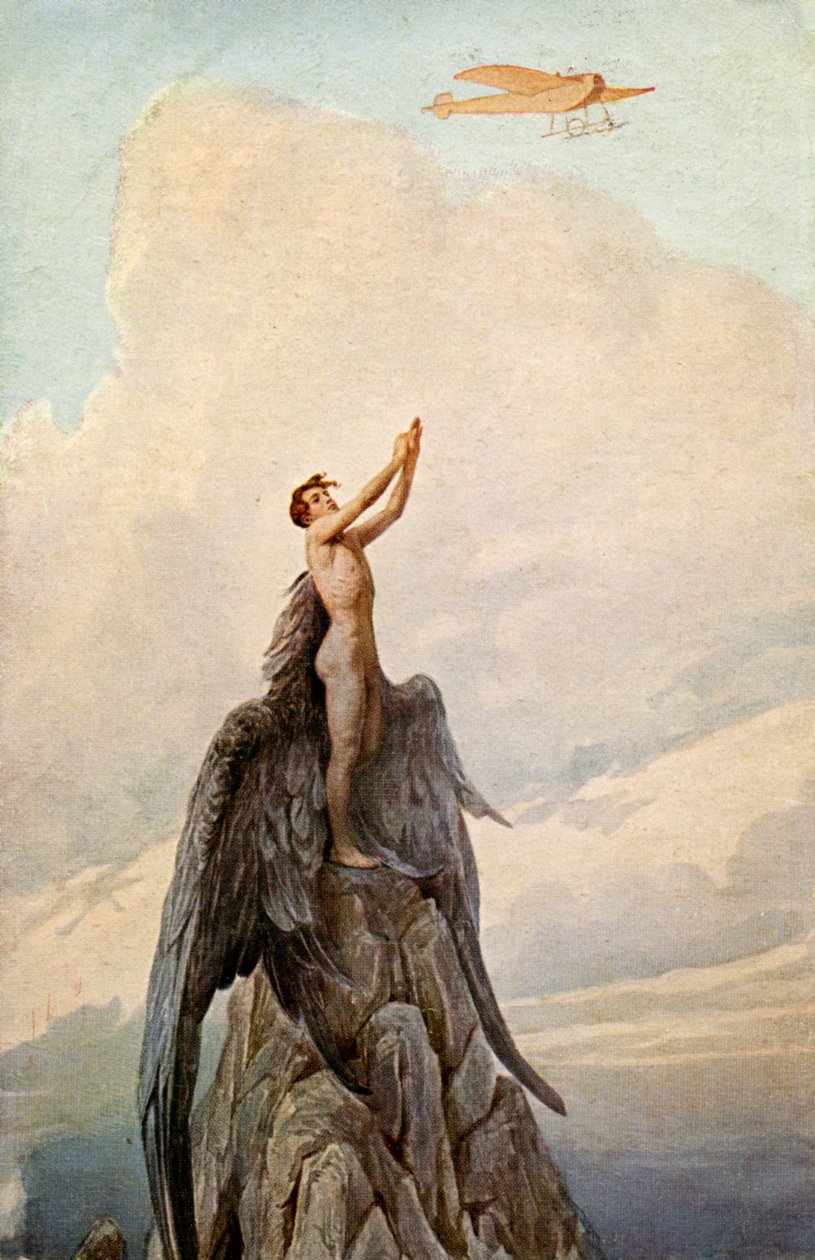 Transport. Luchtvaart. De droom van Icarus. Icarus en vliegtuig. Illustratie door J. Solomko, Hongarije, ca. 1916 door Sergei Sergeevich Solomko