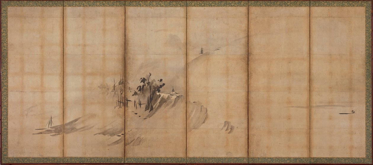 Landschap: heuvels en gebouwen, Muromachi periode door Sesson Shukei