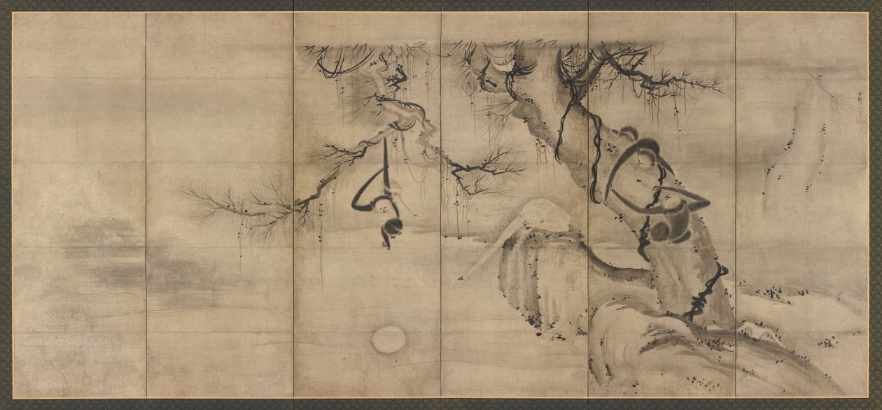 Apen en Bomen aan een Rivieroever, Momoyama periode door Sesson Shukei