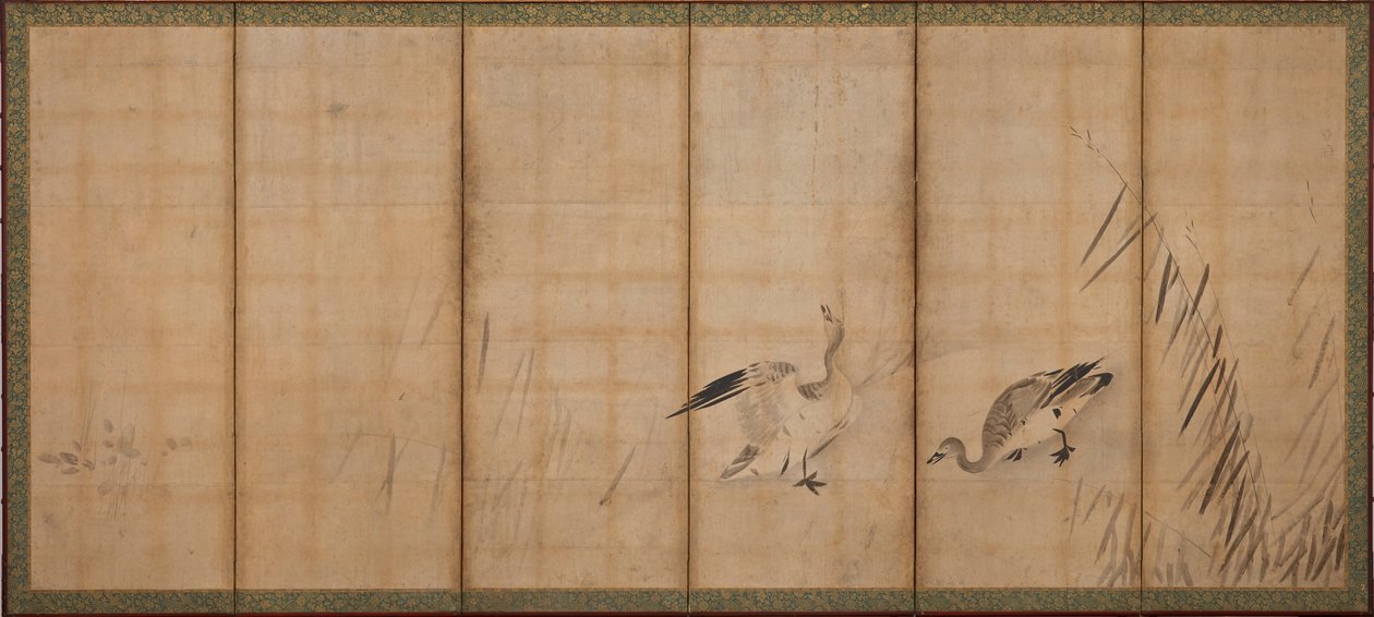 Twee ganzen en grassen, Muromachi periode, midden-late 16e eeuw door Sesson Shukei